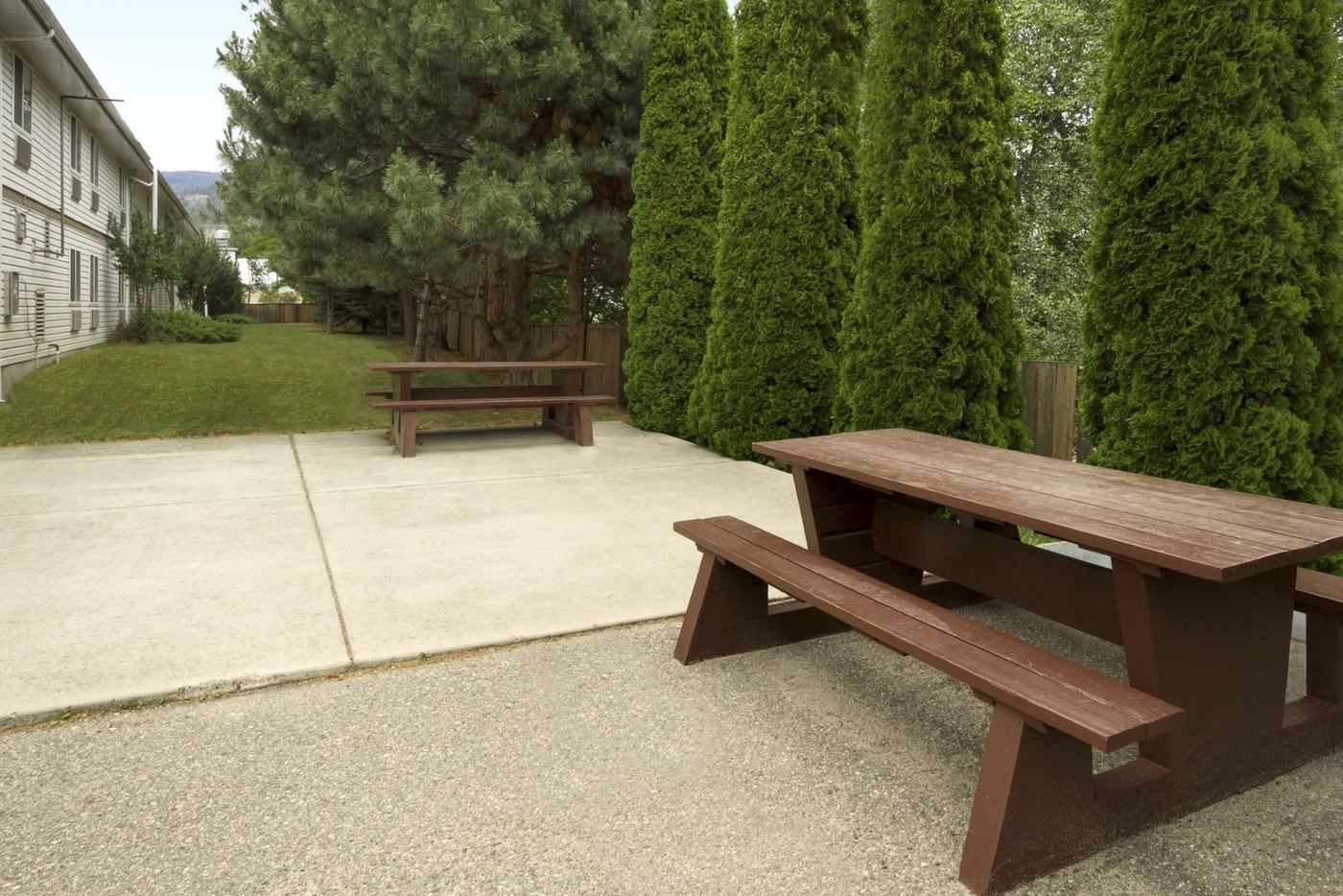 Picnic tables and lawn beside the hotel
